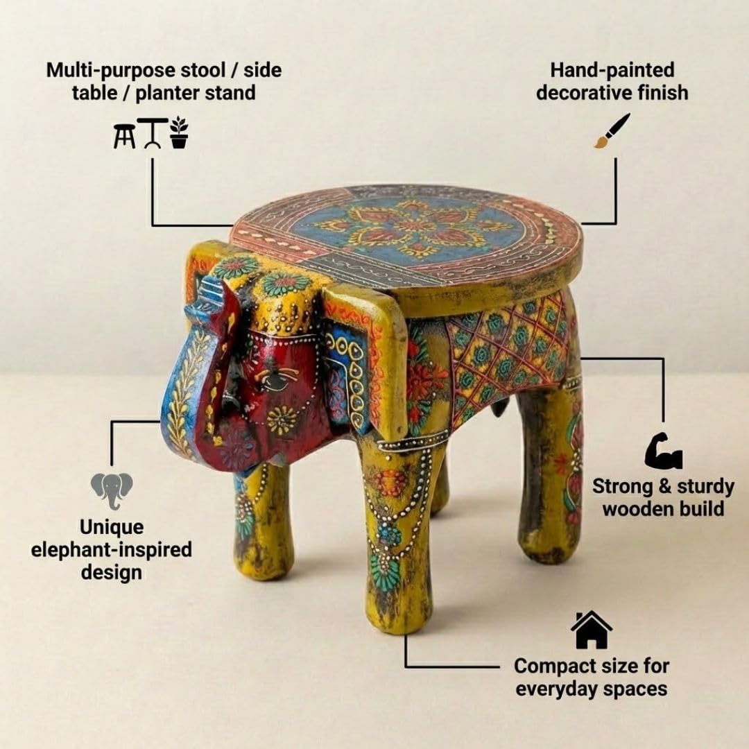 ATRANGI STUDIO Mehendi Green Handpainted Wooden Elephant Stool Cum Showpiece | Mango Wood Traditional Multipurpose Stool for Living Room Decor & Mandir | Perfect for Plant Stand | 8x8x10 inch