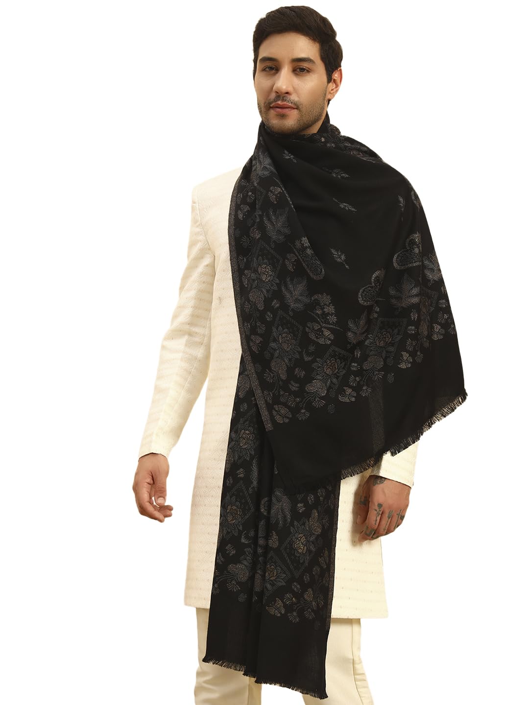 Pashmoda Men Eternal Blooms Kaani Stole, Authentic Kashmiri Luxury Pashmina Style Shawl, Stole, Small Size Gents Lohi, (Size 28x80 Inches,Black Color) MAVST08