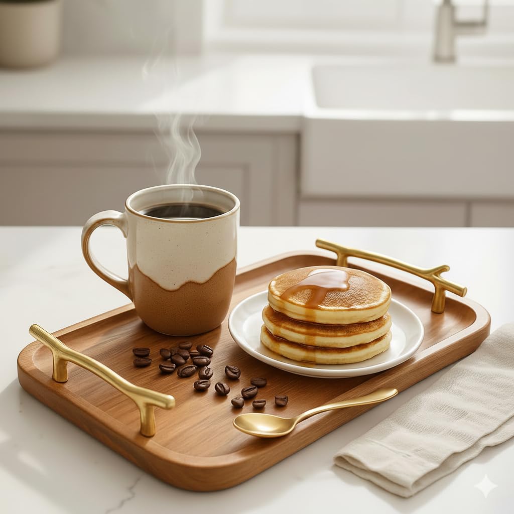 CentraLit Decorative Acacia Wooden Tray for Serving - Dining Table Accessories & Kitchen Organizer Serving Trays - Luxury Wooden Tray| Gold Handles for Home Decoration (Twig Handles)