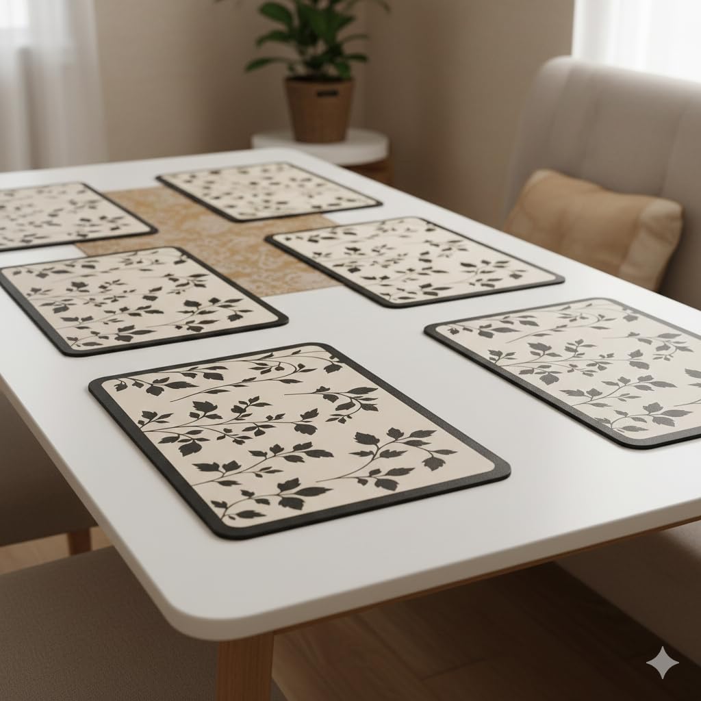 YELONA Leather Dining Table Placemats Set of 6 – Waterproof, Heat Resistant, Anti-Slip, Easy to Clean Table Mats for Dining Table, Kitchen & Home Décor (Black Botanical, 40 x 30 cm)