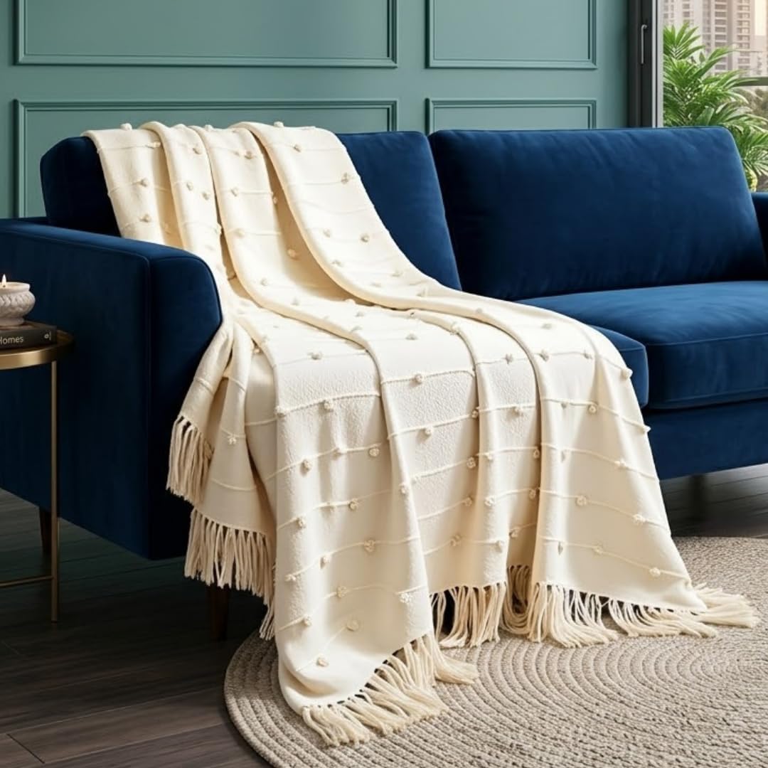 SAJAVAT HOME Hand Knitted Cotton Sofa Throw Blanket for Sofa & Bed | Soft All-Season Throw for Couch, Chair & Travel | Decorative Knitted Design | 80×52 Inches (204×132 cm) | Beige with Tassels Kafalo