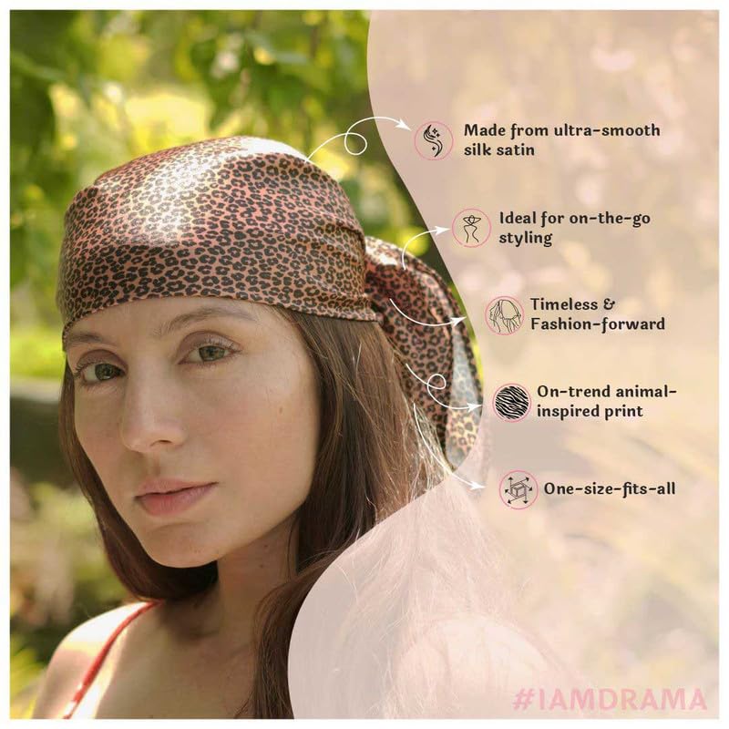 Hair Drama Co. Le Nior Print Bandana Head Scarf for Women | Silk Satin Head Wrap Bandana Scarves | Boho Style Statement Headband Stylish Design | All Day Wear Scarves | Hair Scarf Accessories