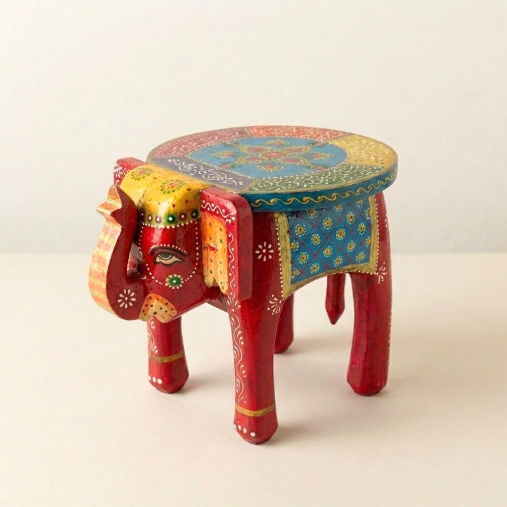 ATRANGI STUDIO Red Blue Handpainted Wooden Elephant Stool Cum Showpiece | Mango Wood Traditional Multipurpose Stool for Living Room Decor & Mandir | Perfect for Plant Stand | 8x8x10 inch