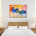 VIBECRAFTS Beautiful Boat In Sunset Background 4 Pieces Canvas Wall Painting Fitted With Wooden Frame For Home | Office | Living Room | Gifts (PTVC4Pcs1_13503)