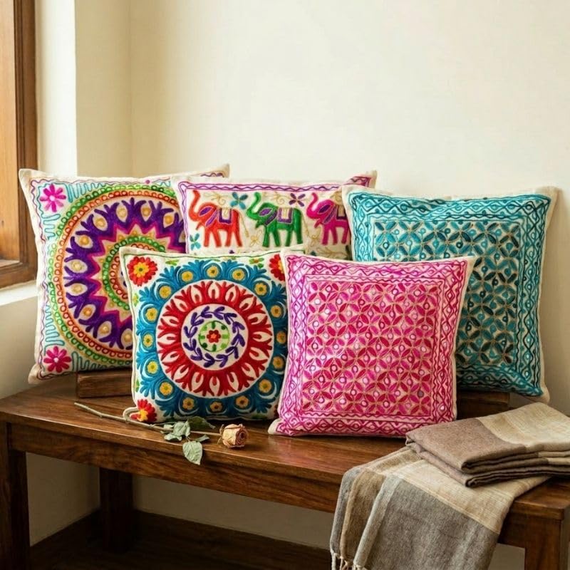 ATRANGI STUDIO Embroidered Rangrez Aari Cushion Covers - Set of 5 | Traditional Aari Embroidery | Threadwork Throw Pillow Covers with Zip Closure | Perfect for Sofa, Bed | 16x16 Inch (Multicolor)