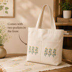 Suryatra Meadow Blossom Canvas Tote Bag for Women & Men | Premium Cotton Canvas Shoulder Bag with Dual Front Pockets | Tote Bag for Office, College, Shopping & Travel | Natural | 14 x 16 Inches