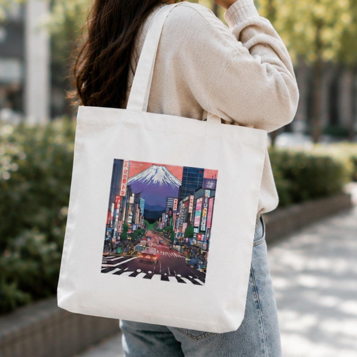 Adorvue Tokyo Japanese Cityscape Art Printed Tote Bag Stylish Eco-Friendly Cotton Handbags, Canvas Bags for College, Shopping, Office, Travel, Grocery Runs, Beach Day and Casual Outings Pack of 2