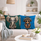 STITCHNEST Set of 2 Jute Cushion Covers – 12x12 Inches – Nerdy Elephant & Music Lover Monkey Prints – Designer Decorative Pillow Covers for Sofa, Living Room & Bedroom | Perfect for Home Decor