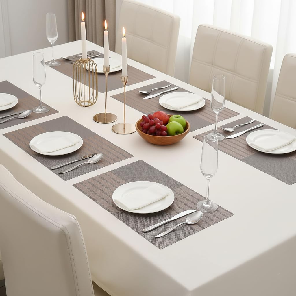 YELONA Placemats Set of 6, Heat-Resistant Woven Vinyl Table Mats, Non-Slip & Washable Dining Tablemats for Kitchen & Dinner Decor, Bear Brown (45cm x 30cm) Kafalo