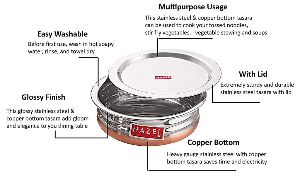 HAZEL Stainless Steel Kitchen Set with Lid | Copper Bottom Serving Bowl Set of 3, 800 ml, 1200 ml, 1600 ml with I Stainless Steel Vessels Tasra Kadai, Silver and Copper