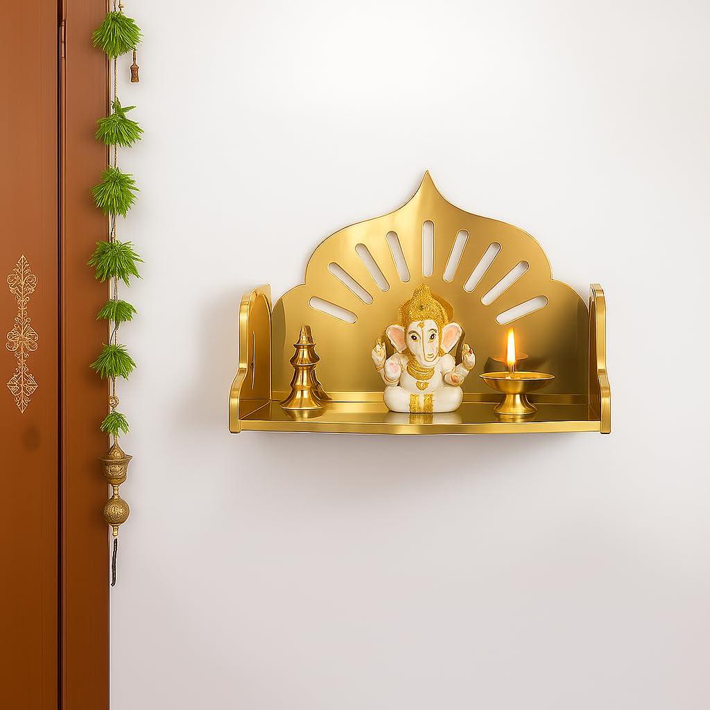 Fliptic Small Acrylic Wooden Gold Temple DIY || Wall-Mounted Pooja Mandir, Shining Finish for Home, Office, Shop || Wall Mounted Small Size Wooden Temple || Gold Colour || Do It Yourself