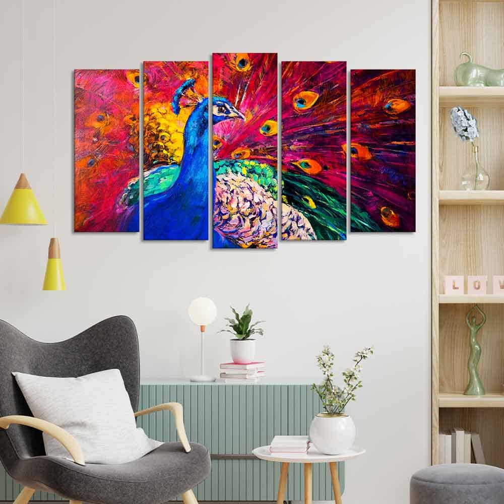 VIBECRAFTS Beautiful Peacock Canvas Wall Painting of Five Pieces For Home|Office|Living Room|Gift (PTVC5Pcs2_6524)