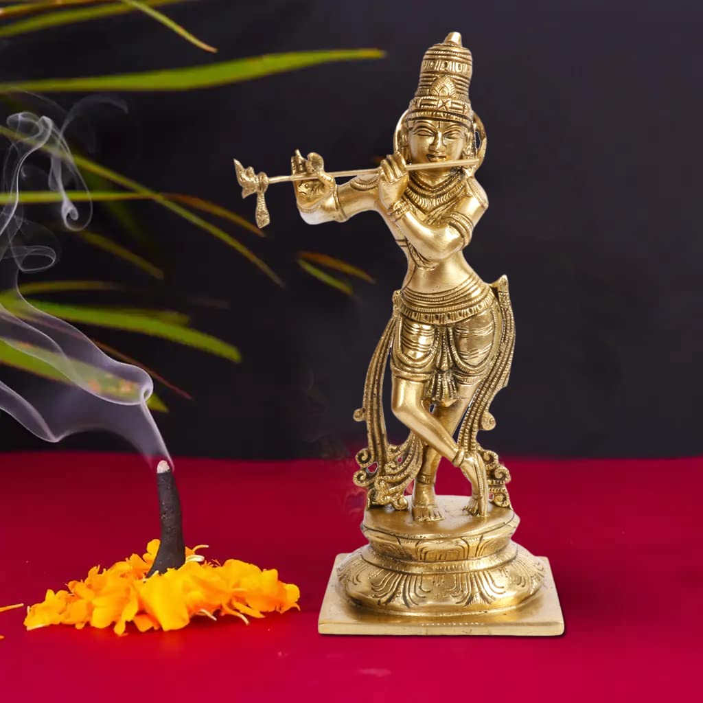 ARTVARKO Brass Fluting Krishna Murti Statue Idol Playing Flute Kishan Kanha for Gift Home Temple Décor Showpiece 10 inch