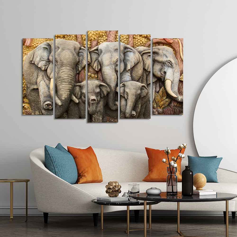 VIBECRAFTS Beautiful Elephants Premium Wall Painting Set of Five Pieces For Home|Office|Living Room|Gift (PTVC5Pcs2_6519)