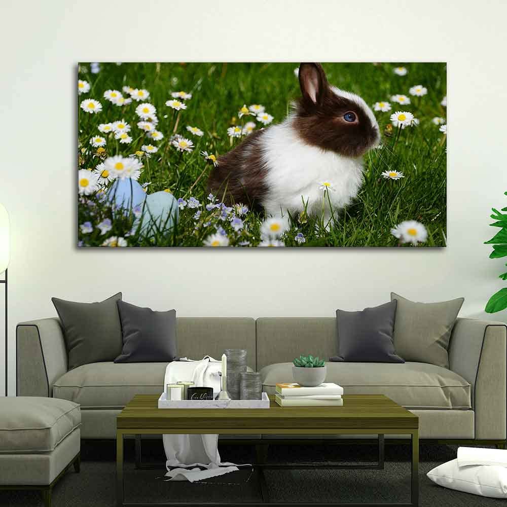 VIBECRAFTS Canvas Paintings for Living Room Drawing Room Cute little White & Brown Bunny Premium Wall Painting Wall Painting Fitted with Wooden Frame for Home | Office | Gift (PTVCH_2320)