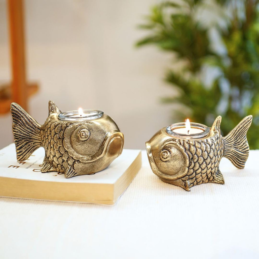 BEHOMA Metal Fish Aluminum Figurine with Votive, Gold, 13.5 cm