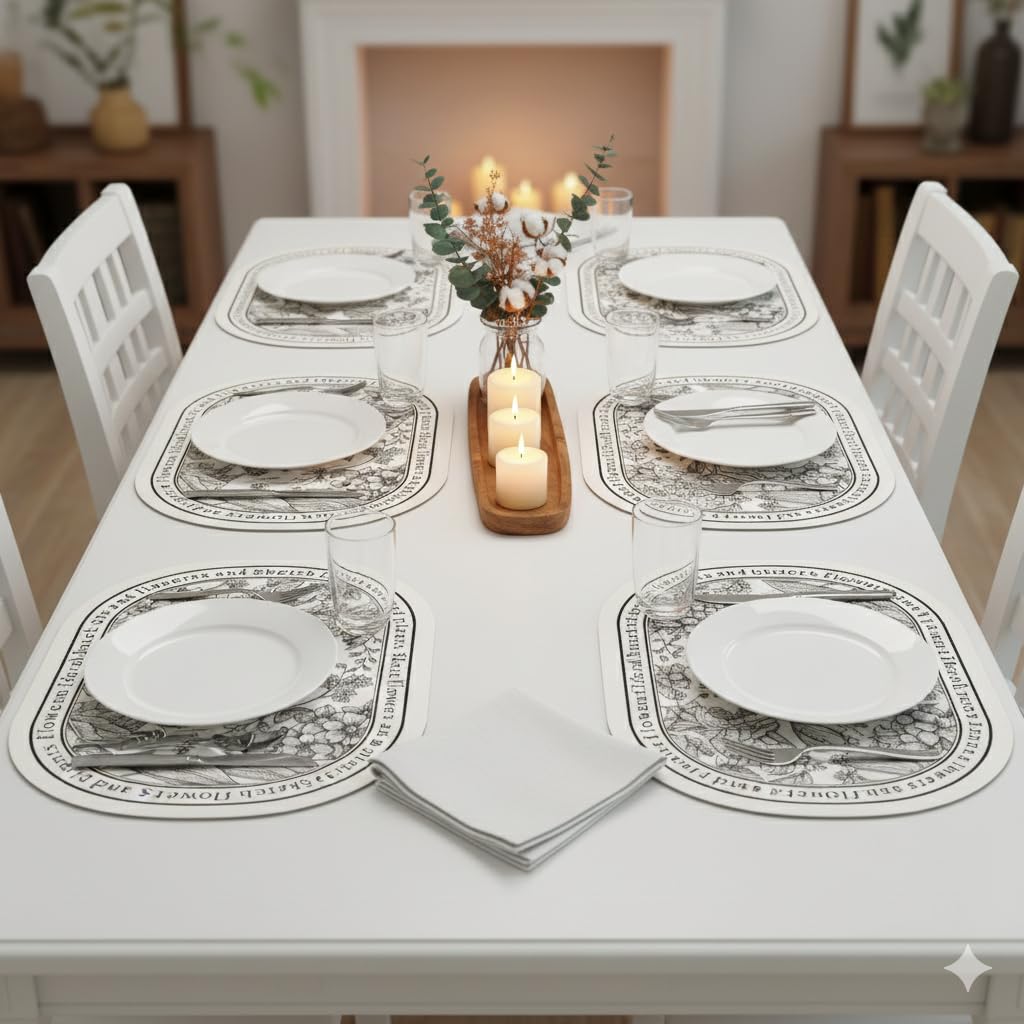 TheTableTales Placemats Pack of 6, Premium Waterproof Heat Resistant Dining Table Mats | Washable PU Leather Mats for Dinner | Non Slip Pad for Home Kitchen Restaurant (45 x 30 cm, Dense Forest) Kafalo