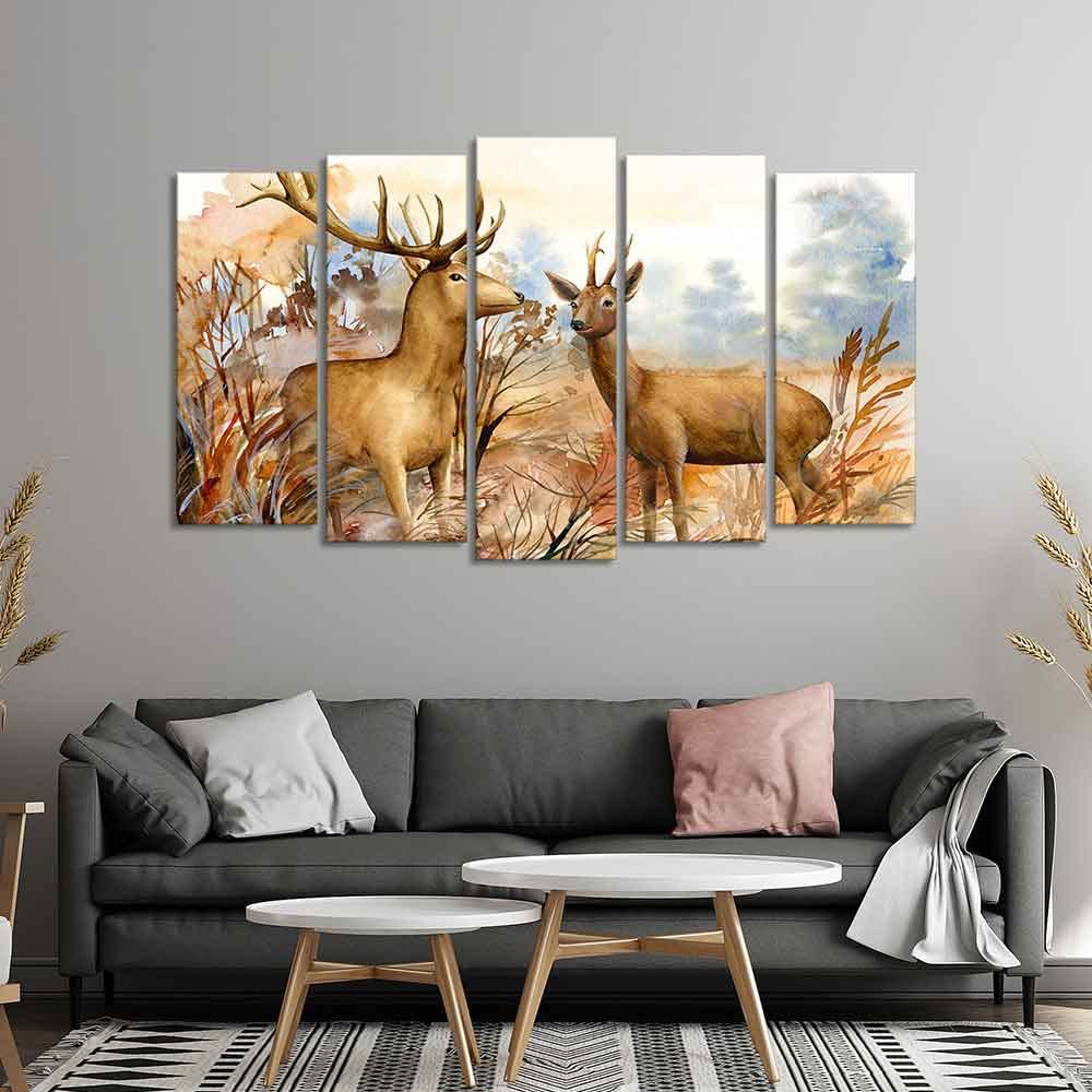 VIBECRAFTS Canvas Wall Painting Pair of Deer in the Forest Set of Five Pieces For Home|Office|Living Room|Gift (PTVC5Pcs2_6542)