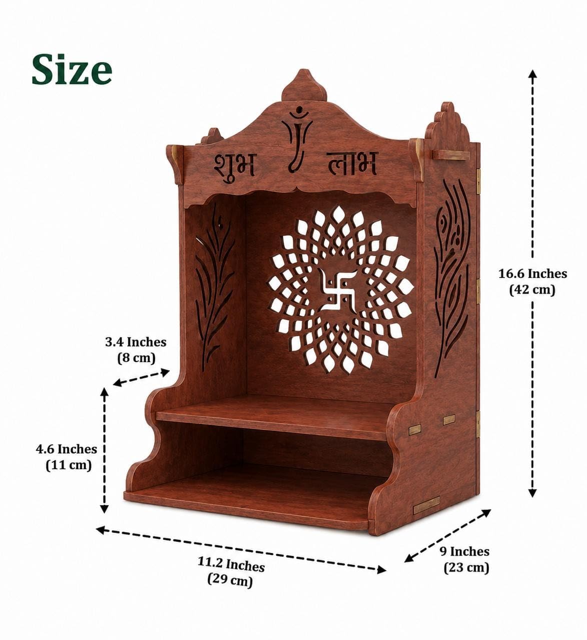 Wooden Pooja Mandir for Home, Pine Home Temple with Spacious Shelf, Hindu Mandir, Mini Temple for Home Decor, Living Room & Office (Natural Wood Brown, 32 X 26 X 20 Cms, Swastik Design)