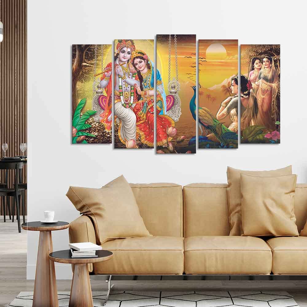 VIBECRAFTS Beautiful Radha Krishna Premium Wall Painting Set of Five Pieces For Home|Office|Living Room|Gift (PTVC5Pcs2_6604)