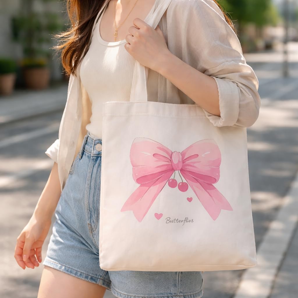 Mohini Dreams Pink Bow Cherry Printed Canvas Tote Bag for Women, Cute White Cotton Reusable Shoulder Bag, Lightweight Handbag for Shopping Travel Office College Daily Use Eco Friendly Carry Bag