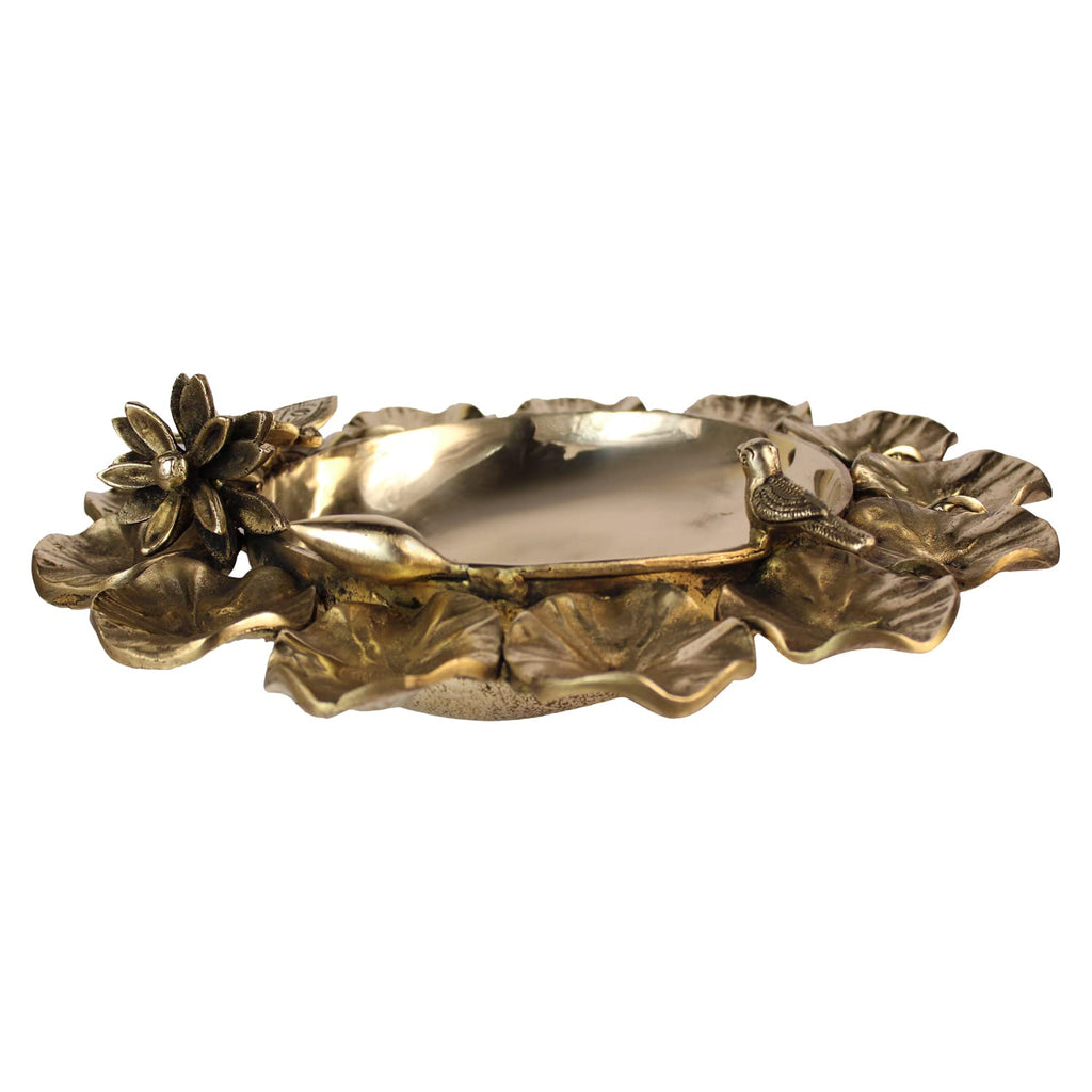 Artvarko Big Brass Ethnic Carved Flower Bird Butterfly Urli Bowl Tea Light Candles Showpiece for Floating Flowers 15 Inch