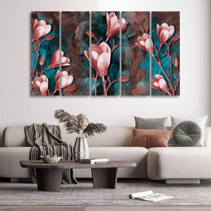 VIBECRAFTS Tulips Flower Canvas Wall Hanging of Five Pieces For Home|Office|Living Room|Gift (PTVC5Pcs4_8690)