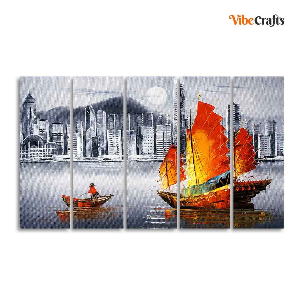 VIBECRAFTS Premium Wall Painting of Victoria Harbor, Hong Kong Set of Five For Home|Office|Living Room|Gift (PTVC5Pcs4_8637)