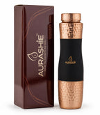 AURASHIE Pure Copper Water Bottle 1 Litre | BPA Free & Leak Proof | Copper-Infused Water | Durable & Rust Proof | Ayurveda Health Benefits - Hammered Finish (Brown Grip Sleeve)