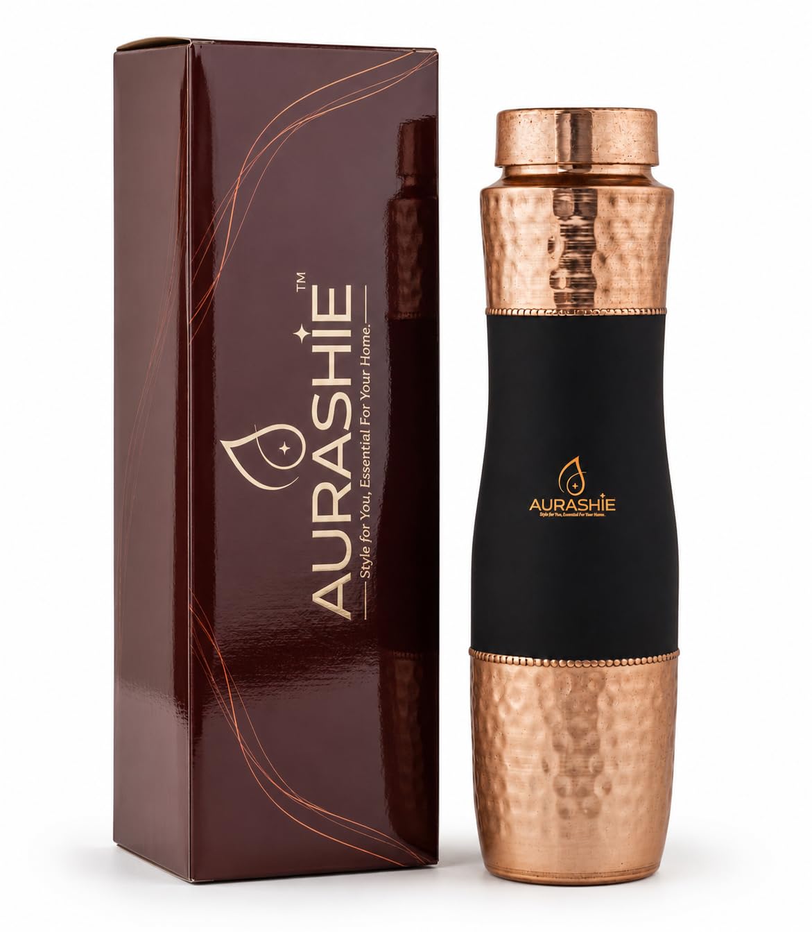 AURASHIE Pure Copper Water Bottle 1 Litre | BPA Free & Leak Proof | Copper-Infused Water | Durable & Rust Proof | Ayurveda Health Benefits - Hammered Finish (Brown Grip Sleeve)