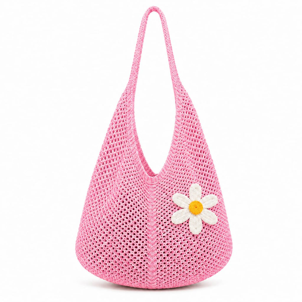 Kawn Crochet Mesh Beach Tote Bag for Women with Flower Brooch | Cotton Linen Knitted Shoulder Bag | Lightweight Boho Summer Handbag for Travel, Shopping & Vacation - (Pink)