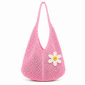 Kawn Crochet Mesh Beach Tote Bag for Women with Flower Brooch | Cotton Linen Knitted Shoulder Bag | Lightweight Boho Summer Handbag for Travel, Shopping & Vacation - (Pink)