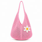 Kawn Crochet Mesh Beach Tote Bag for Women with Flower Brooch | Cotton Linen Knitted Shoulder Bag | Lightweight Boho Summer Handbag for Travel, Shopping & Vacation - (Pink)