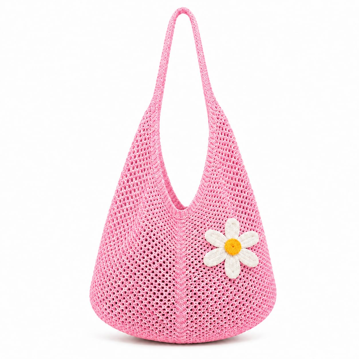 Kawn Crochet Mesh Beach Tote Bag for Women with Flower Brooch | Cotton Linen Knitted Shoulder Bag | Lightweight Boho Summer Handbag for Travel, Shopping & Vacation - (Pink)