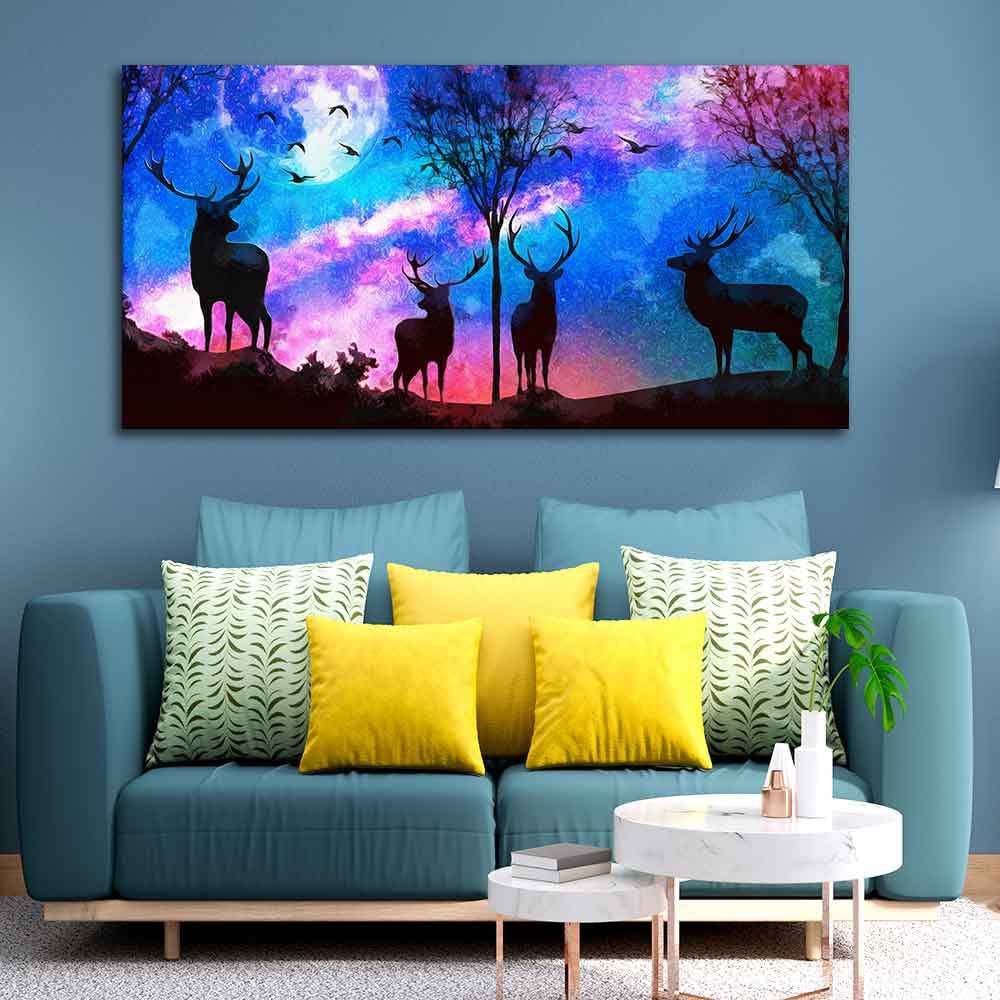 VIBECRAFTS Canvas Paintings for Living Room Drawing Deer Silhoutte Colorful Sky Wall Painting Fitted With Wooden Frame For Home | Office | Gifts (PTVCH_2542) (48 x 24 Inches)