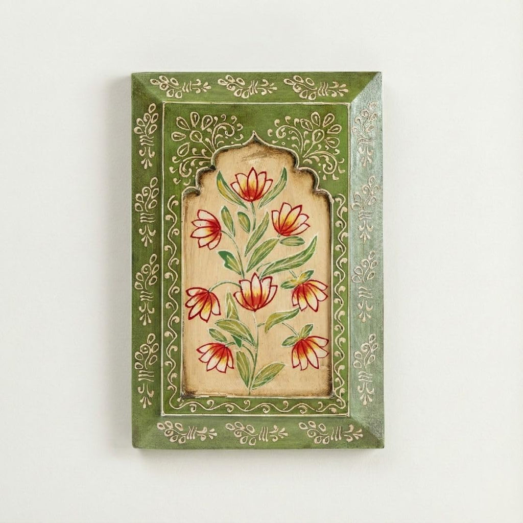 ATRANGI STUDIO Handpainted Wooden Wall Frame | Rajasthani Traditional Craft | Decorative Floral Wall Hanging Art for Living room, Bedroom, Office | 12×8 Inch, Green