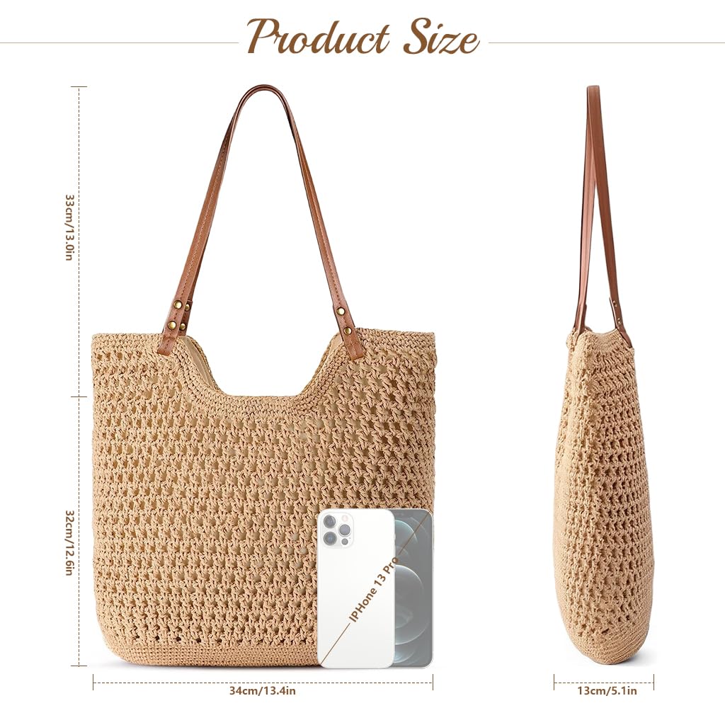 PALAY Tote Bag for Woman Crochet Beach Shoulder Bags with Leather Strap