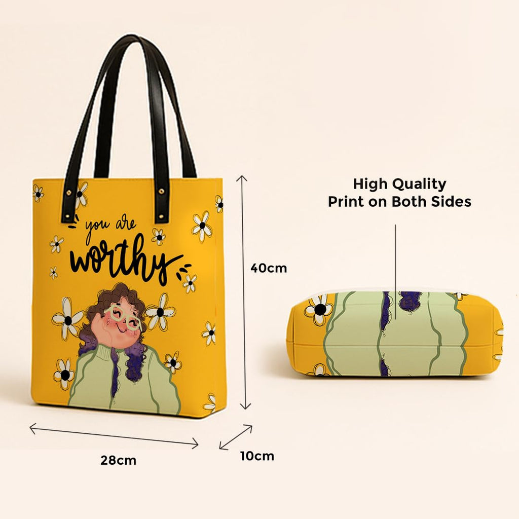 Kalankit Classic Tote Bag For Women | Canvas Printed Ladies Tote | Aesthetic Shoulder College Bag For Girls | Vegan Leather Lightweight Everyday Handbag | Gift for Woman | Worthy Yellow