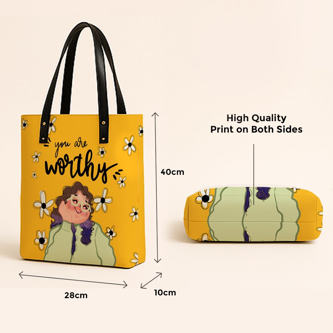 Kalankit Classic Tote Bag For Women | Canvas Printed Ladies Tote | Aesthetic Shoulder College Bag For Girls | Vegan Leather Lightweight Everyday Handbag | Gift for Woman | Worthy Yellow