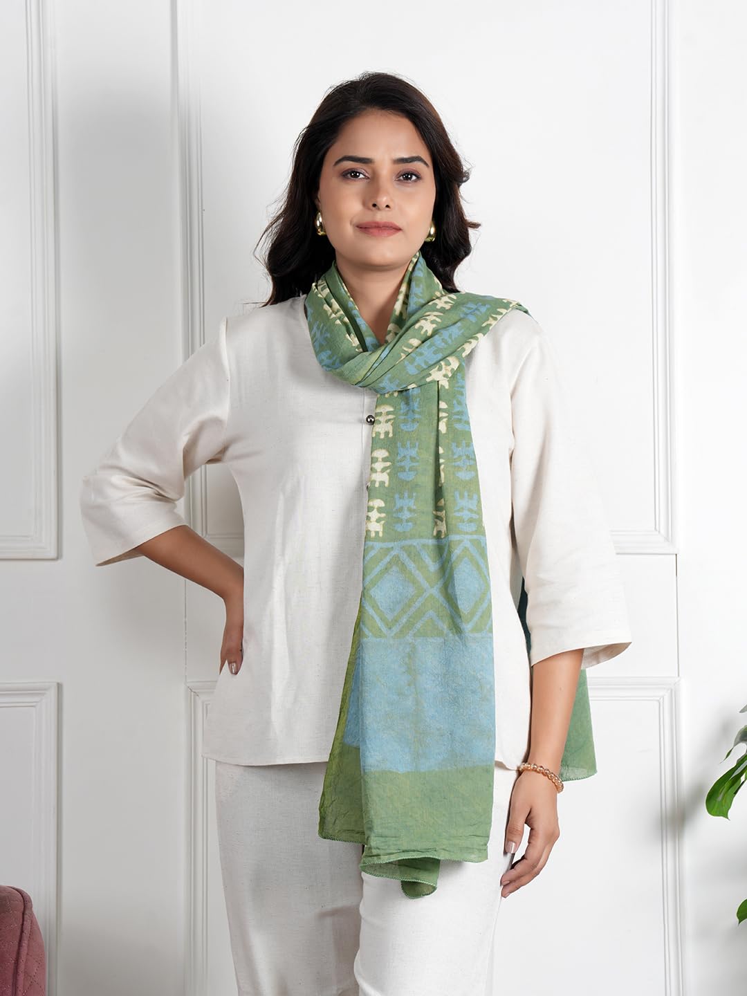 RAI SAHAB Printed Cotton Scarf for Women, Lightweight Soft Scarves Stoles for Summer & Winter(ST-76GRN10)