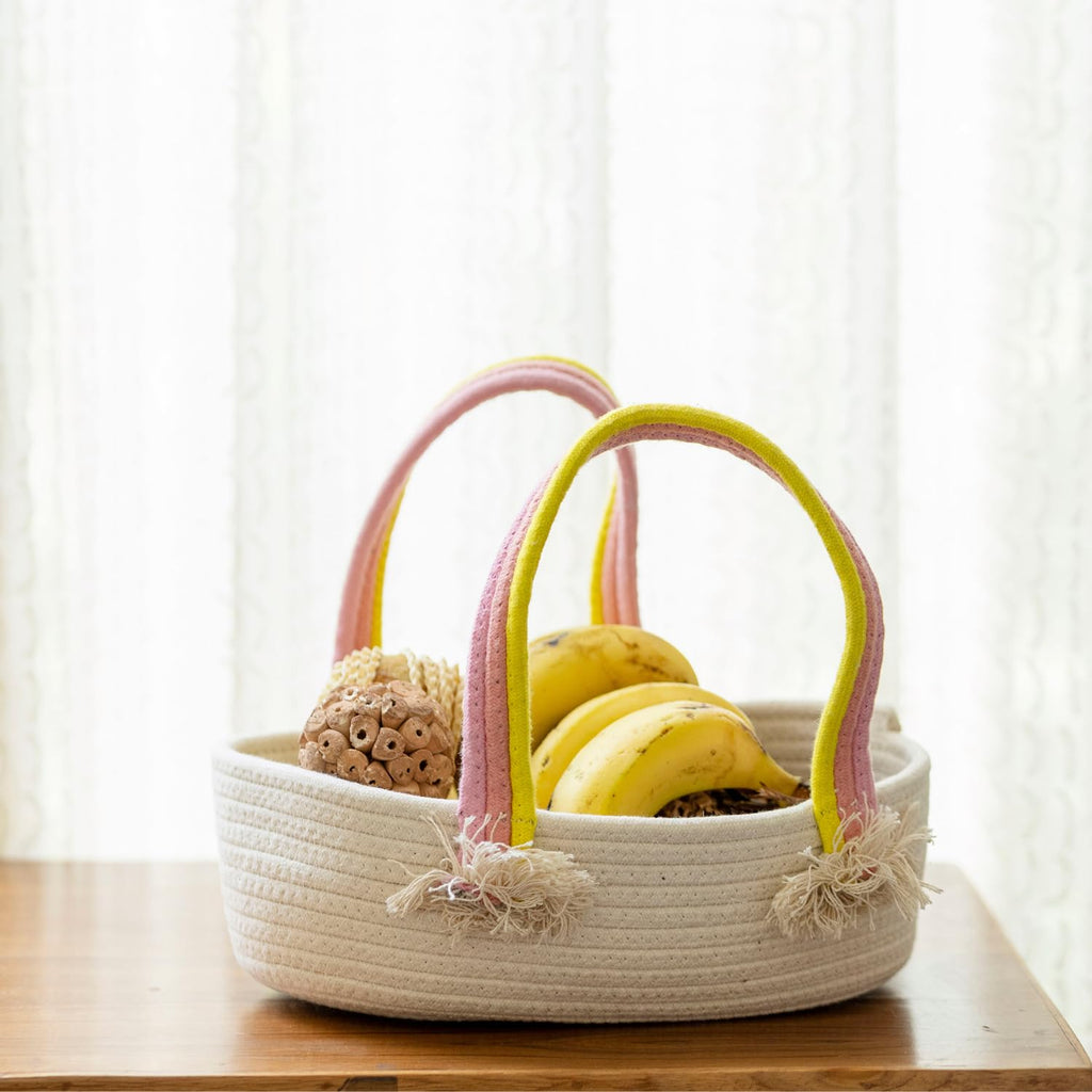 Bobbiny Woven Rope Tote Basket Bag with Tassel Handles – Large Cotton Rope Storage Basket for Home, Beach, Market, Nursery – Decorative Boho Handbag for Women (Multi Handle)
