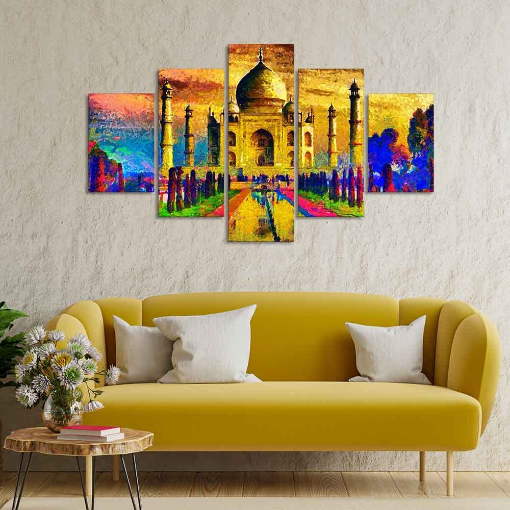 VIBECRAFTS Beautiful Taj Mahal Canvas Wall Painting Set of Five For Home|Office|Living Room|Gift (PTVC5Pcs1_5521)