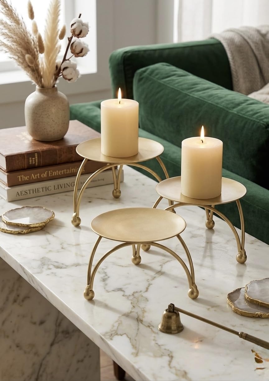 Set of 3 Gold Pillar Candle Holders, Metal Candle Stand Pedestals for Table Centerpiece, Modern Decorative Iron Candle Trays for Dining Room, Mantle, Wedding & Home Decor