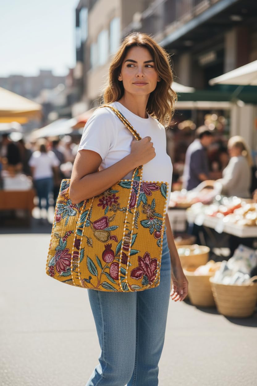 QRUBIS Quilted Cotton Tote Bag, Jungle Flower Safari Tropical Print, Large, Double Handle, 18x6x18 Inches, Unisex, Yellow Flower, Large