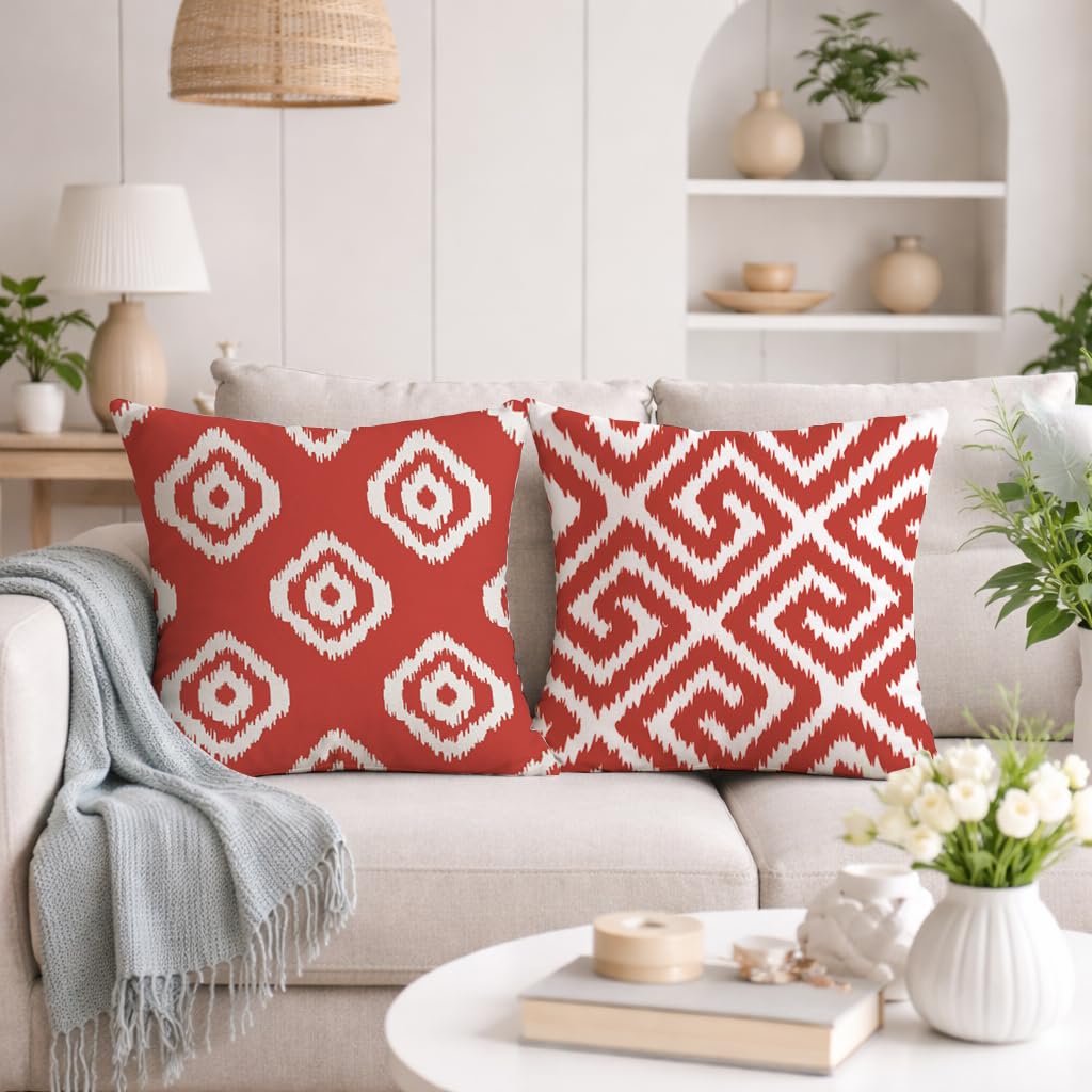 STITCHNEST Set of 2 Polycotton Cushion Covers – 24x24 Inches – Red & White Ikat Geometric Print – Elegant Cushion Covers for Sofa, Couch & Living Room | Perfect for Home Decor