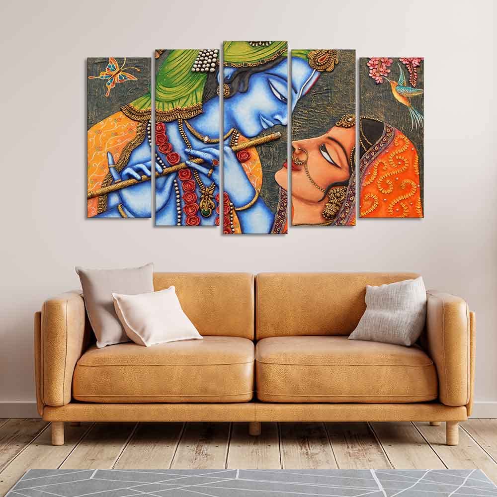 VIBECRAFTS Beautiful Radha Krishna Five Pieces Premium Wall Painting For Home|Office|Living Room|Gift (PTVC5Pcs2_6537)