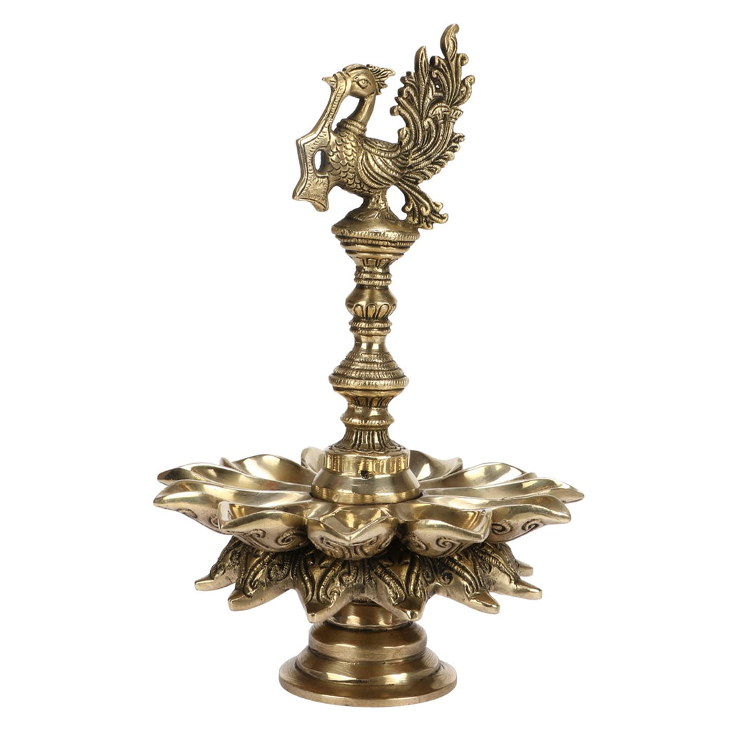 SVARUP Brass Multi Diya Table Stand Diya with Peacock Perched on Central Pillar Deepam for Home Entrance Decor Gift Diwali Pooja