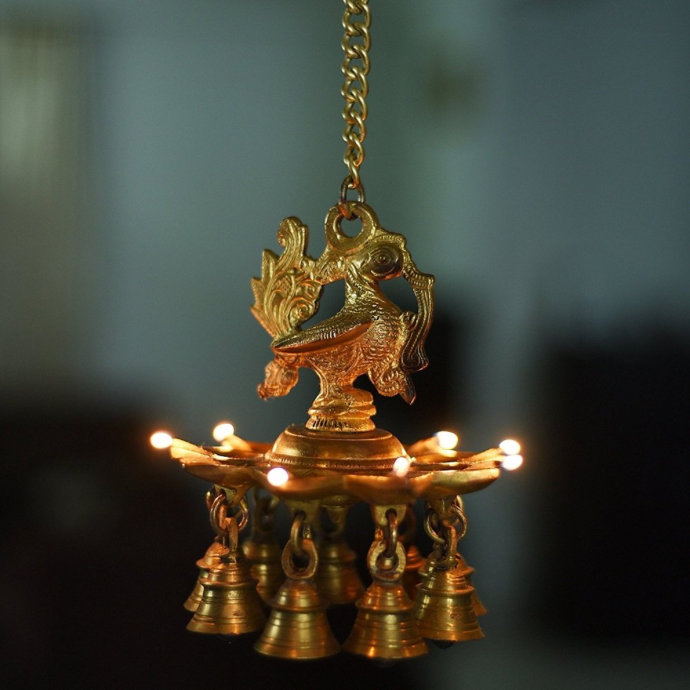 Artvarko Brass Peacock Deepam Deepak Diya Bell with Chain Wall Hanging for Home Decor Mandir Temple Puja Height 14 Inch Weight 1.1 Kg
