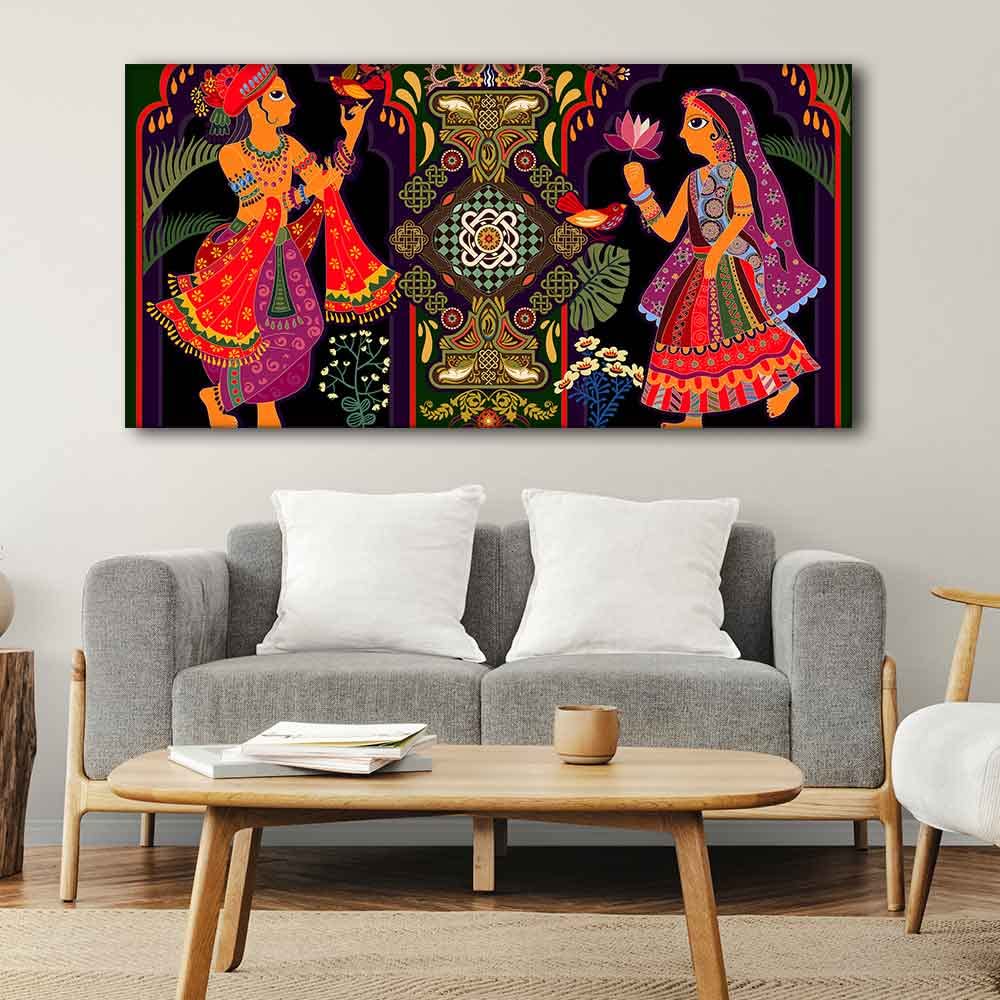 VIBECRAFTS Canvas Paintings For Living Room Drawing Room Man And Woman in Garden Rajasthani Pictorial Wall Art Fitted with Wooden Frame for Home|Office|Gift(PTVCH_2257NN)