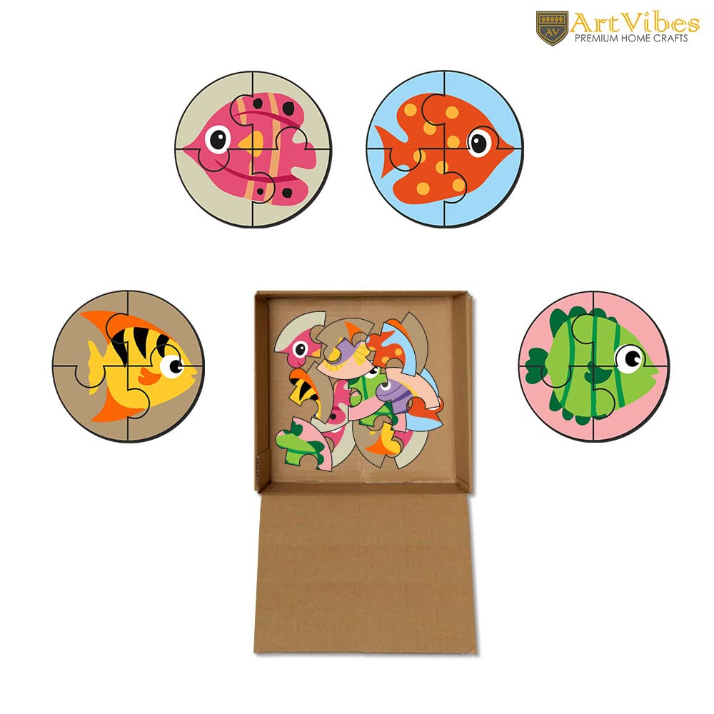 Artvibes Cute Fishes Premium Wooden Puzzles for Kids | Jigsaw Puzzles for Kids Age 2-5 | 4 Piece Puzzles | Toddlers Wooden Puzzle (PZ_609NN), Set of 6